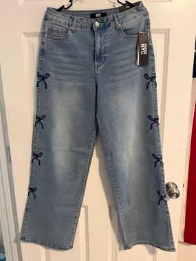 NYC Light Blue Wide-Leg Jeans with Navy Side Bows
